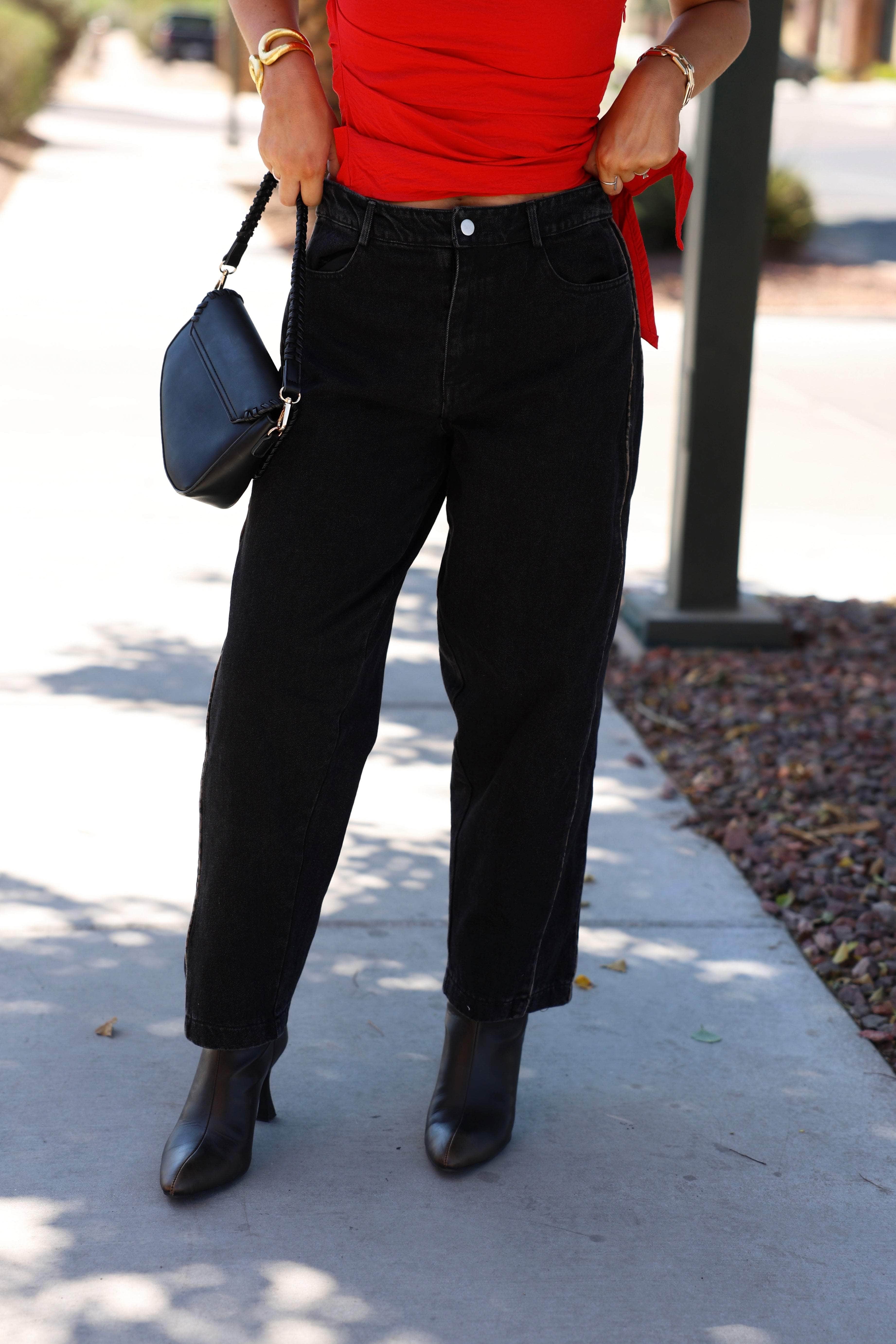 Black Leopard Piping Detail Barrel Jean - Image 3