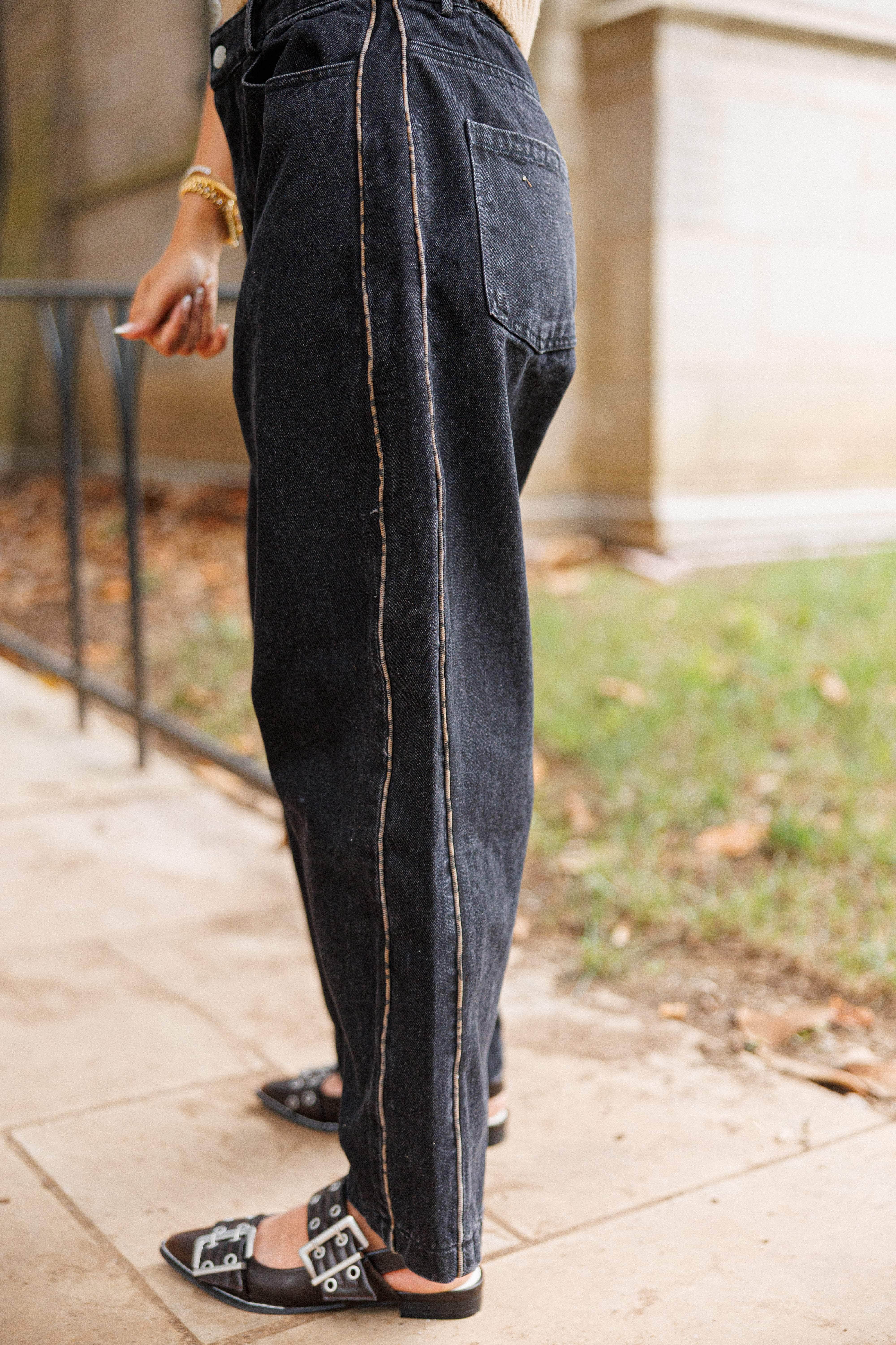 Black Leopard Piping Detail Barrel Jean - Image 7