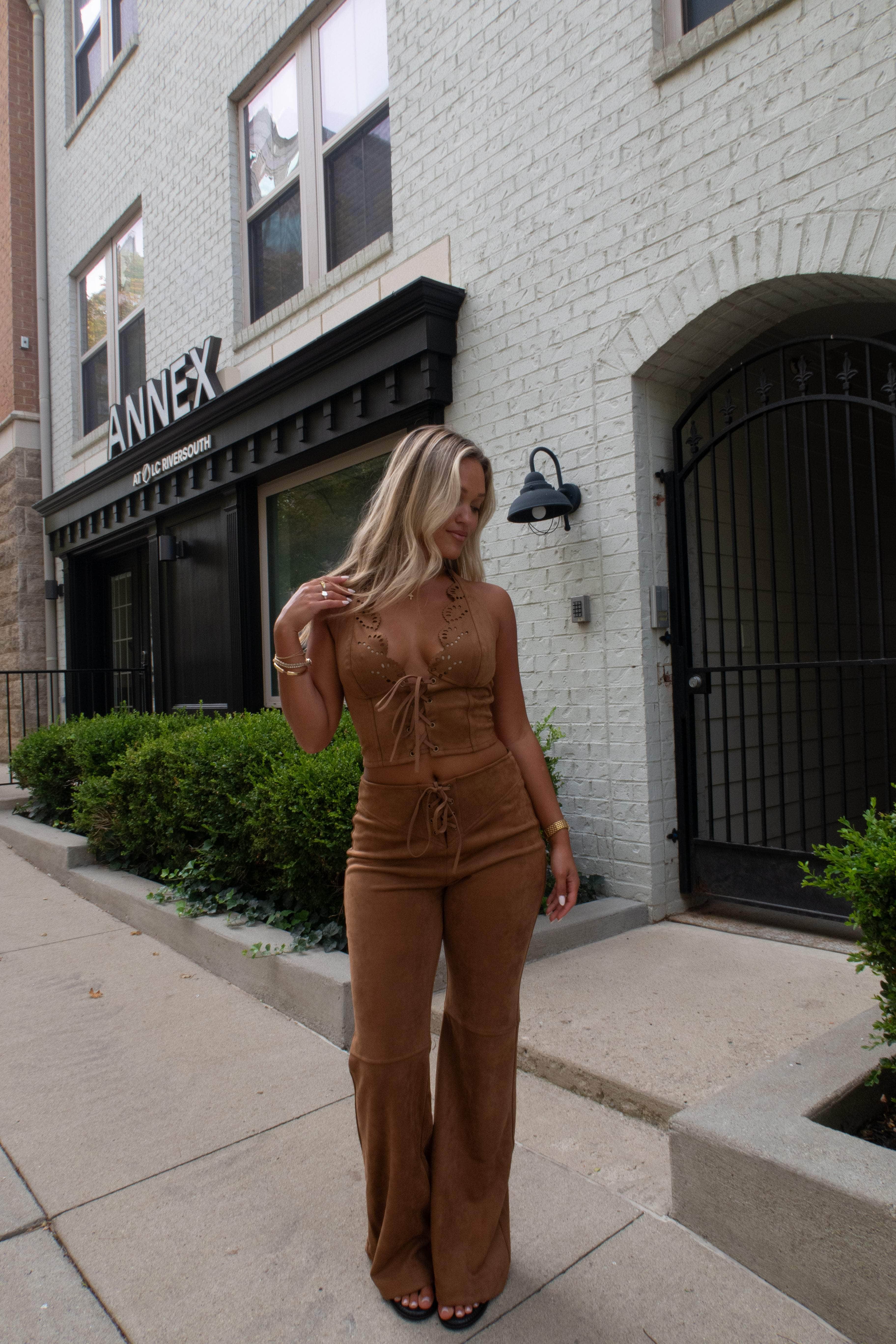 Camel Suede Laced Up Pants - Image 3