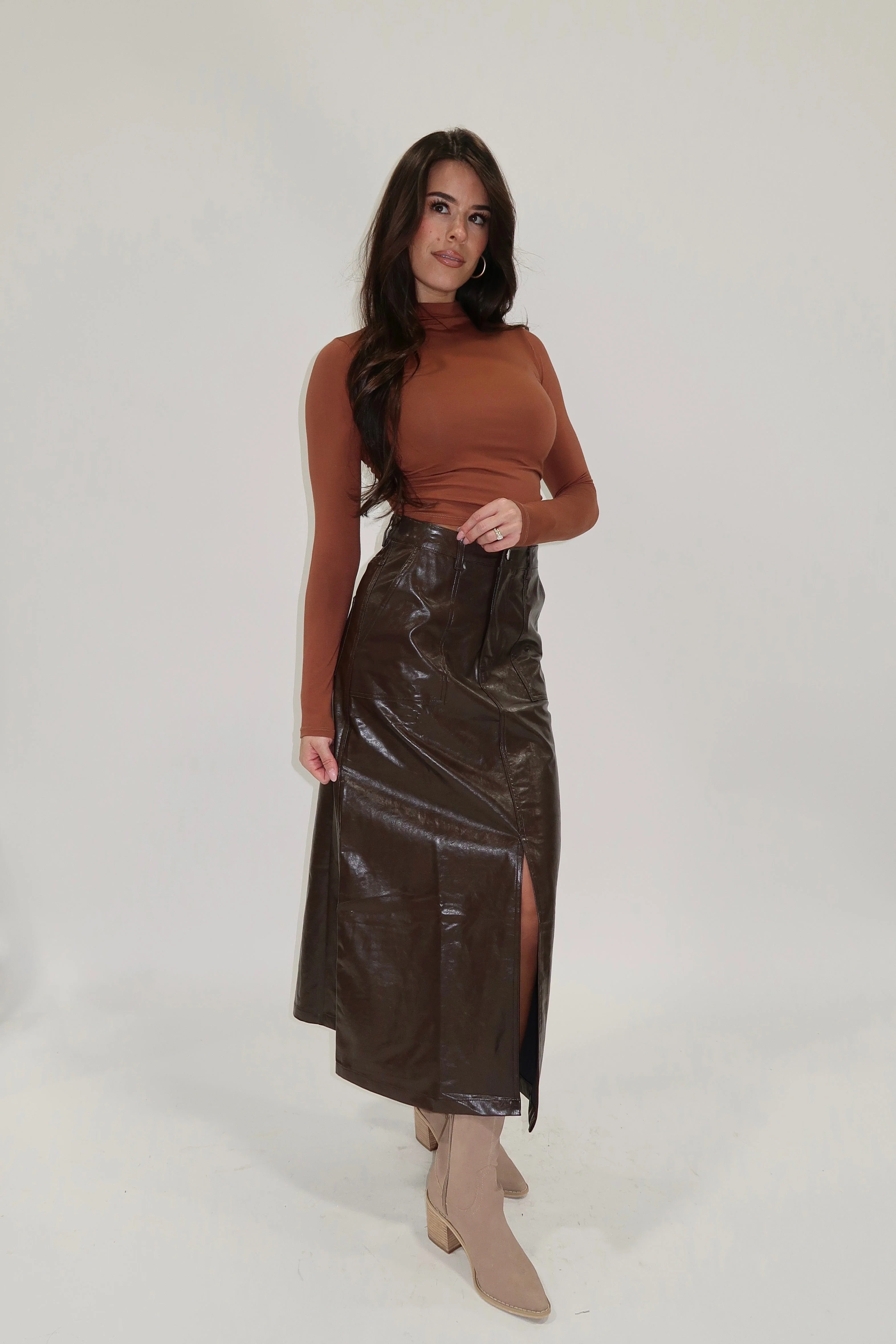 Chocolate Faux Leather Skirt - Image 3