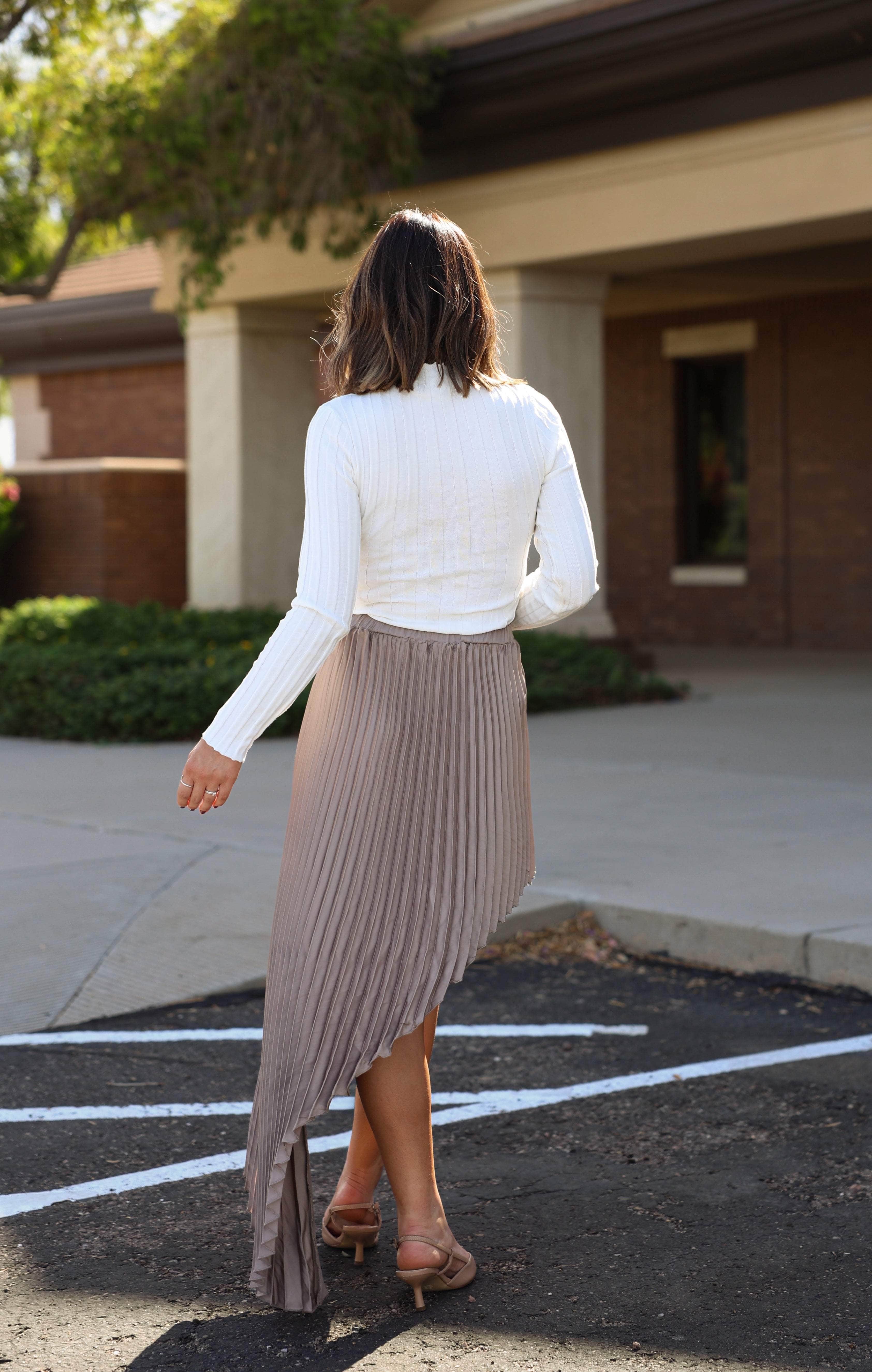 Mocha Pleated Satin Asymmetrical Skirt - Image 2
