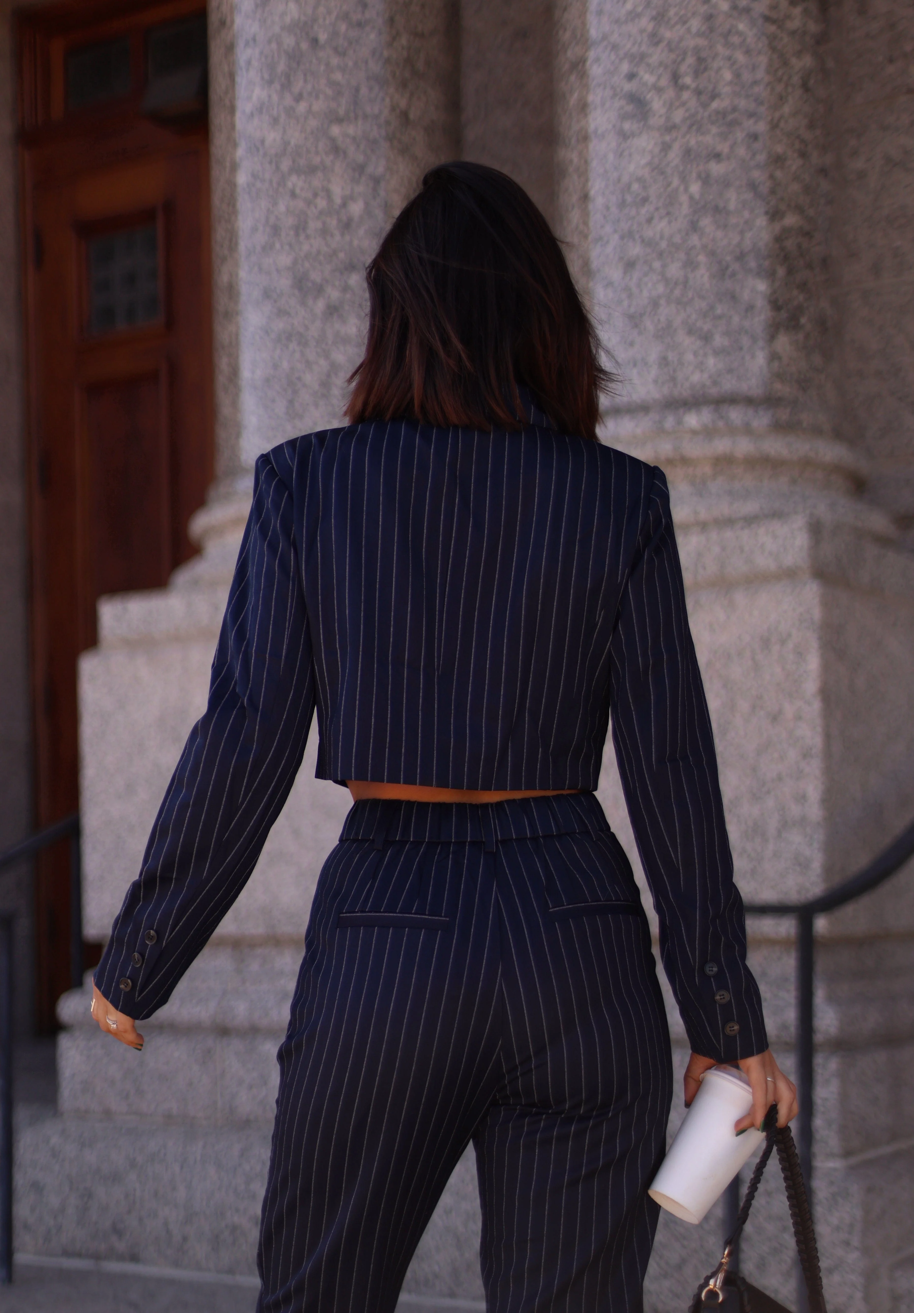 Navy Pinstripe Cropped Blazer - Image 3