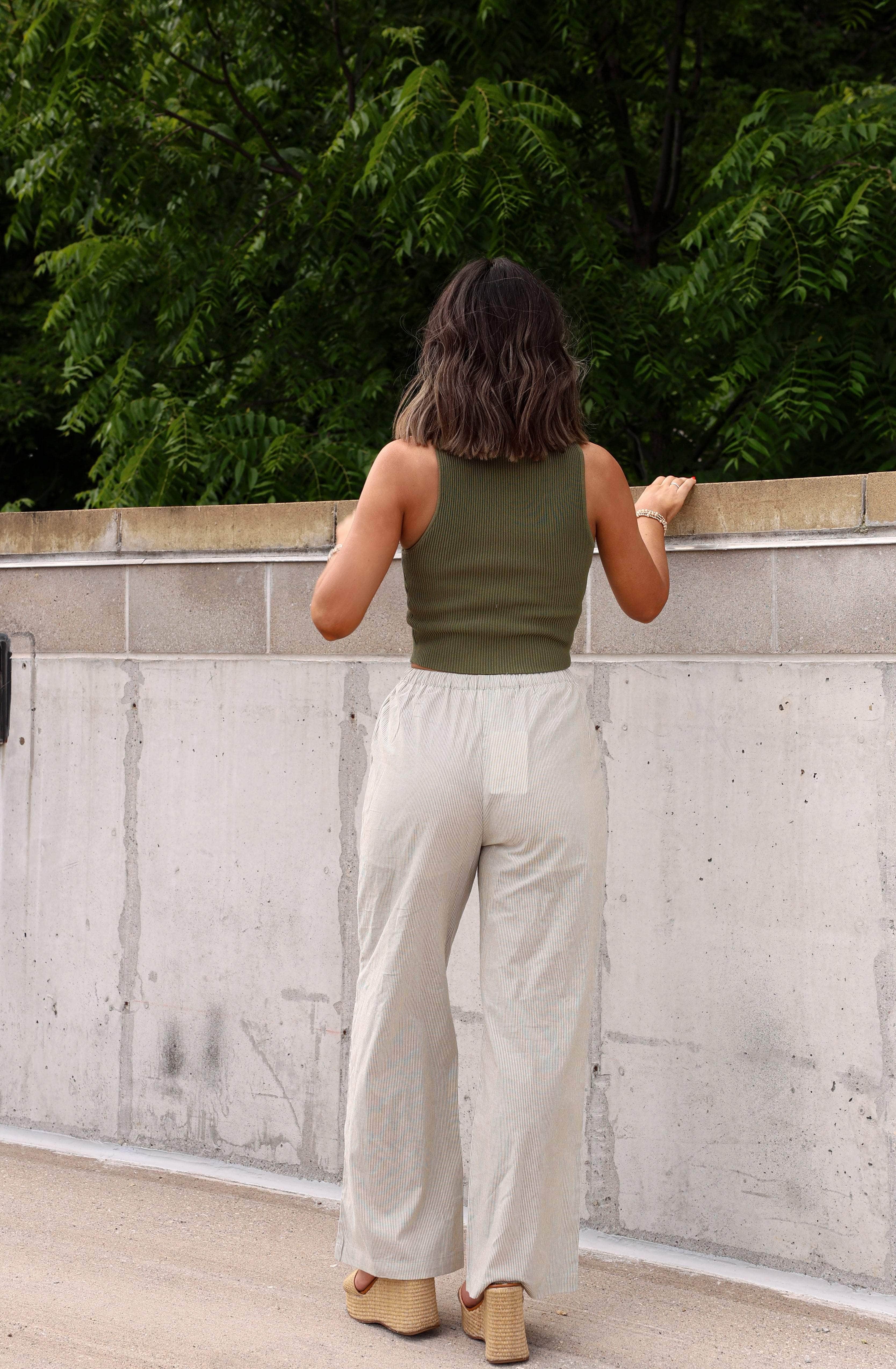 Olive Pinstripe Drawstring Pants - Image 2
