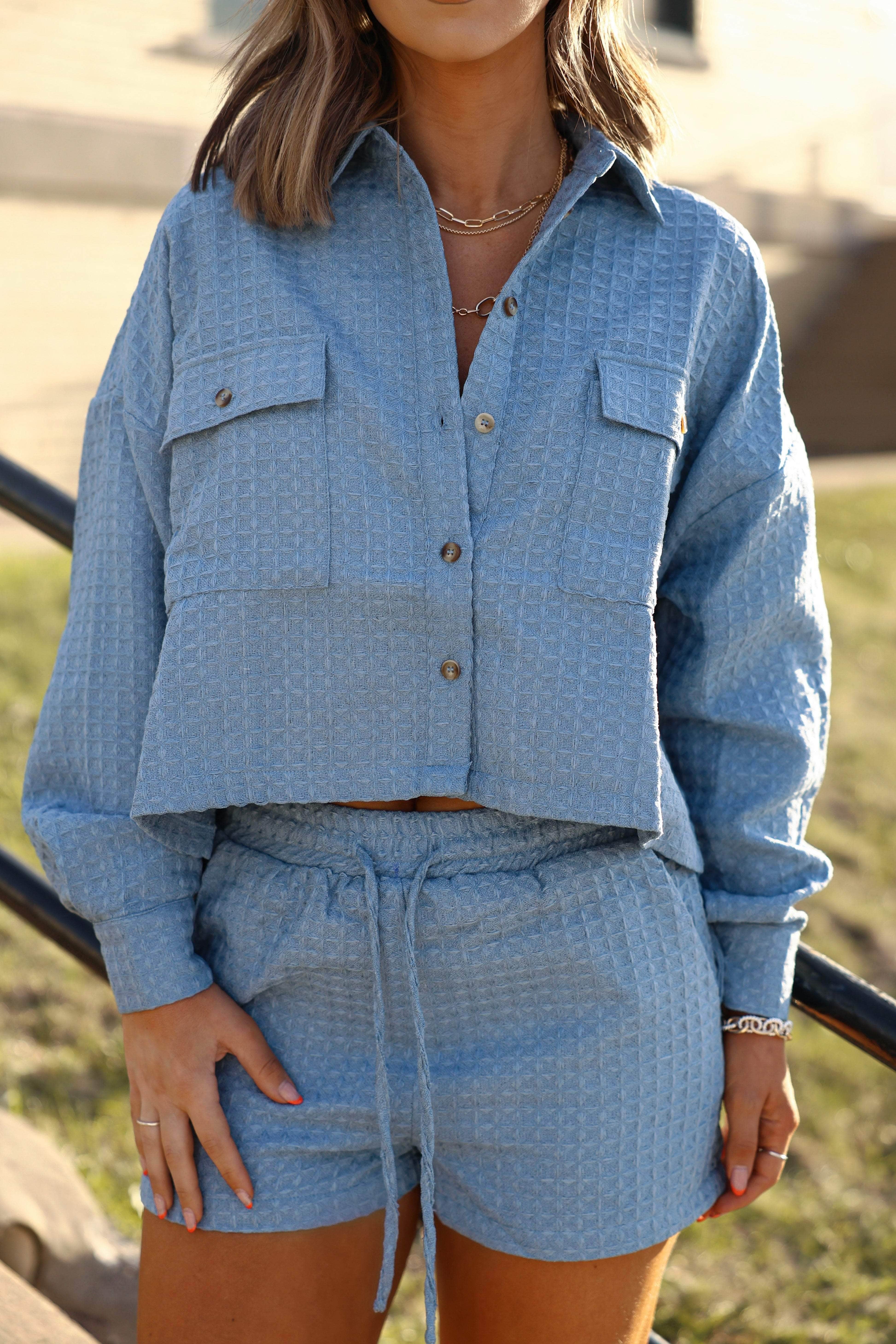 Sky Blue Waffle Knit Shorts - Image 4
