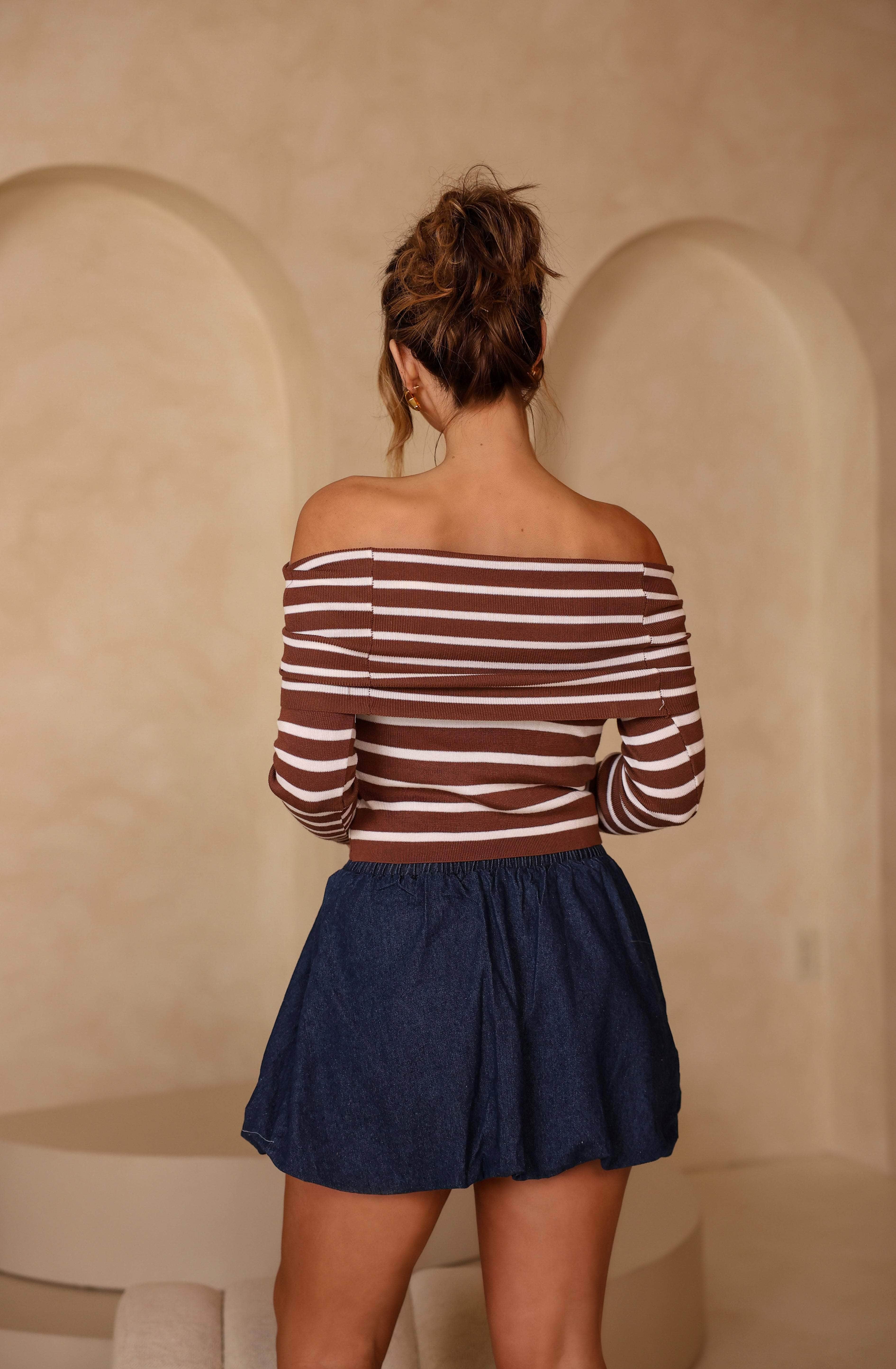 Coffee Striped Off The Shoulder Top - Image 2