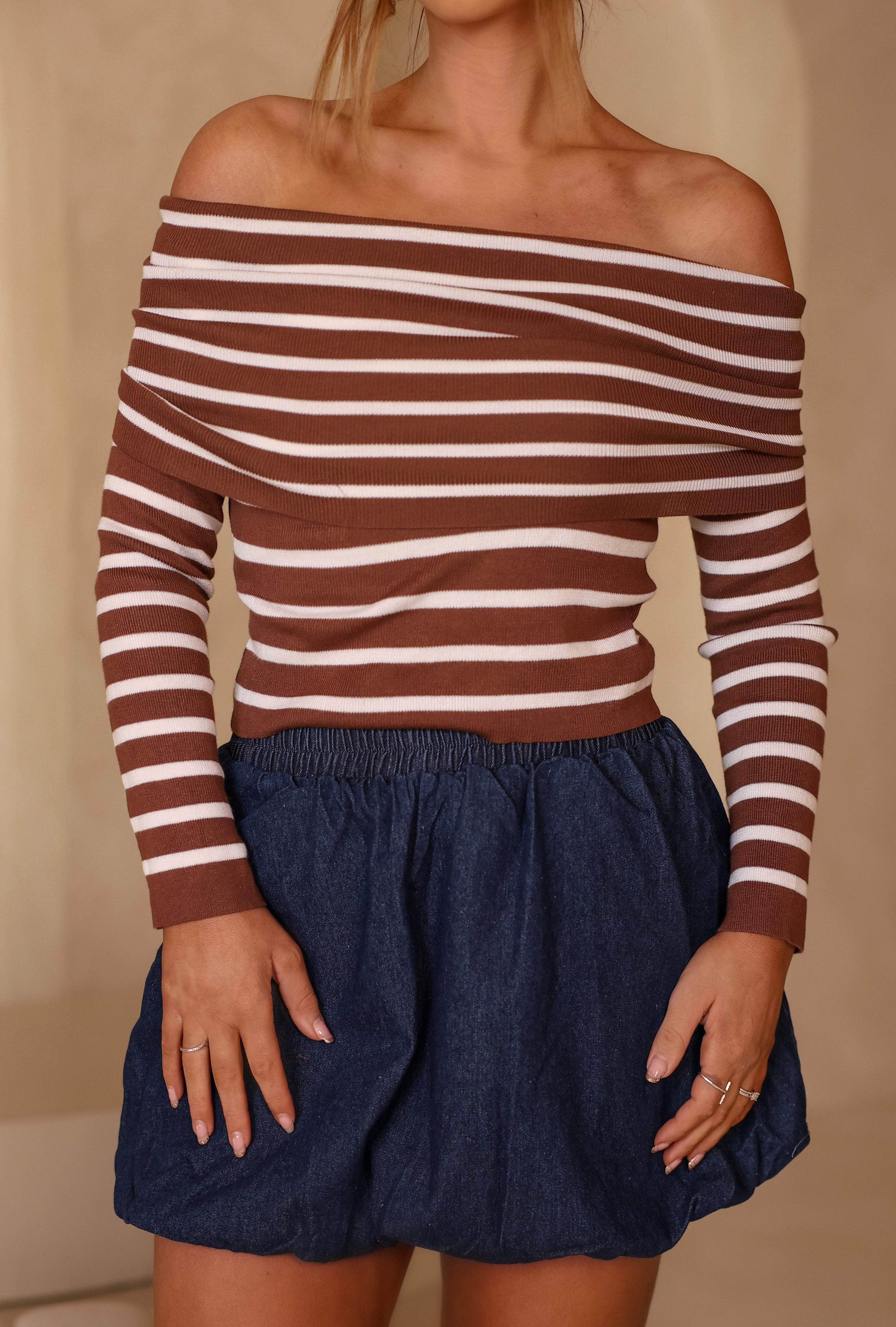 Coffee Striped Off The Shoulder Top - Image 3